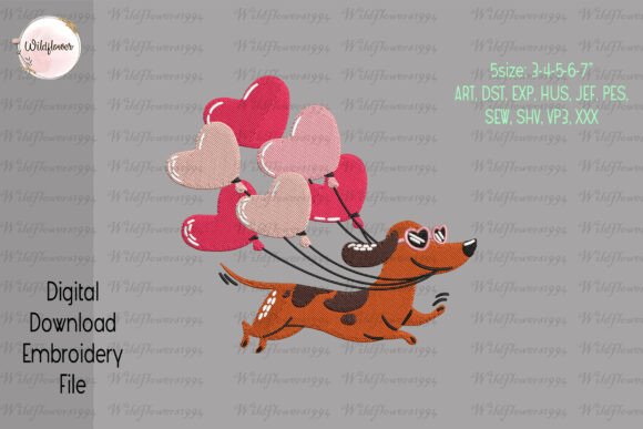 Dachshund with Heart Balloons Embroidery: A Designer’s Perspective